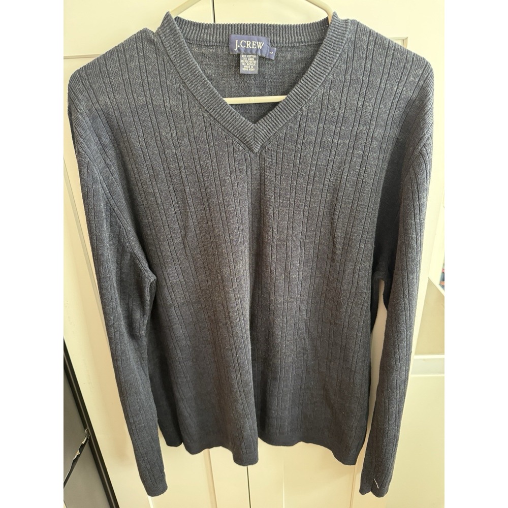 J. CREW Men's L Linen Cotton Blend V Neck Sweater Blue Marl Lightweight Knit